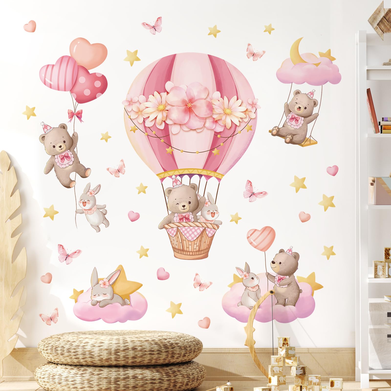 Tanlaby pink hot air balloon bear decal for nursery walls, easy to apply.