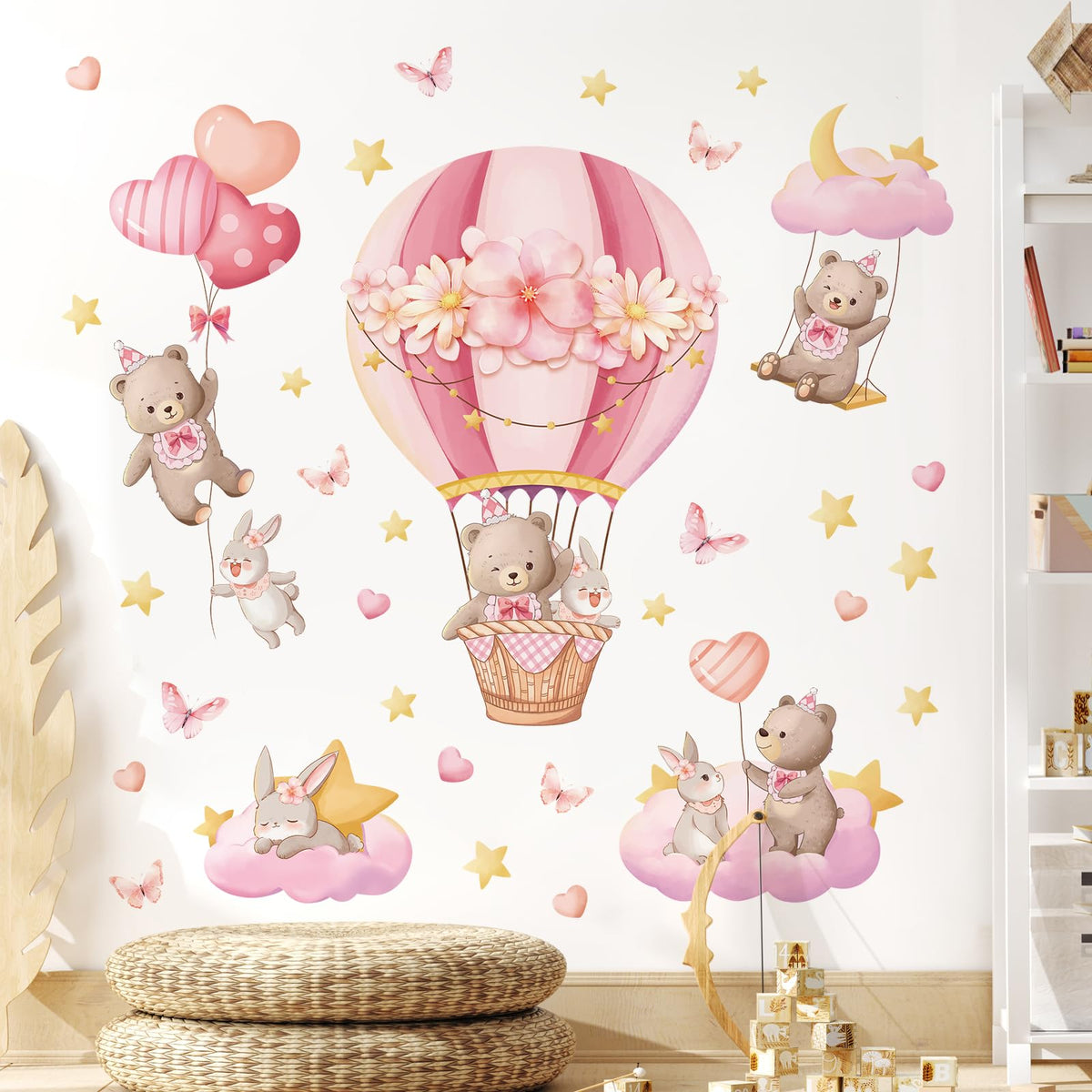 Tanlaby pink hot air balloon bear decal for nursery walls, easy to apply.