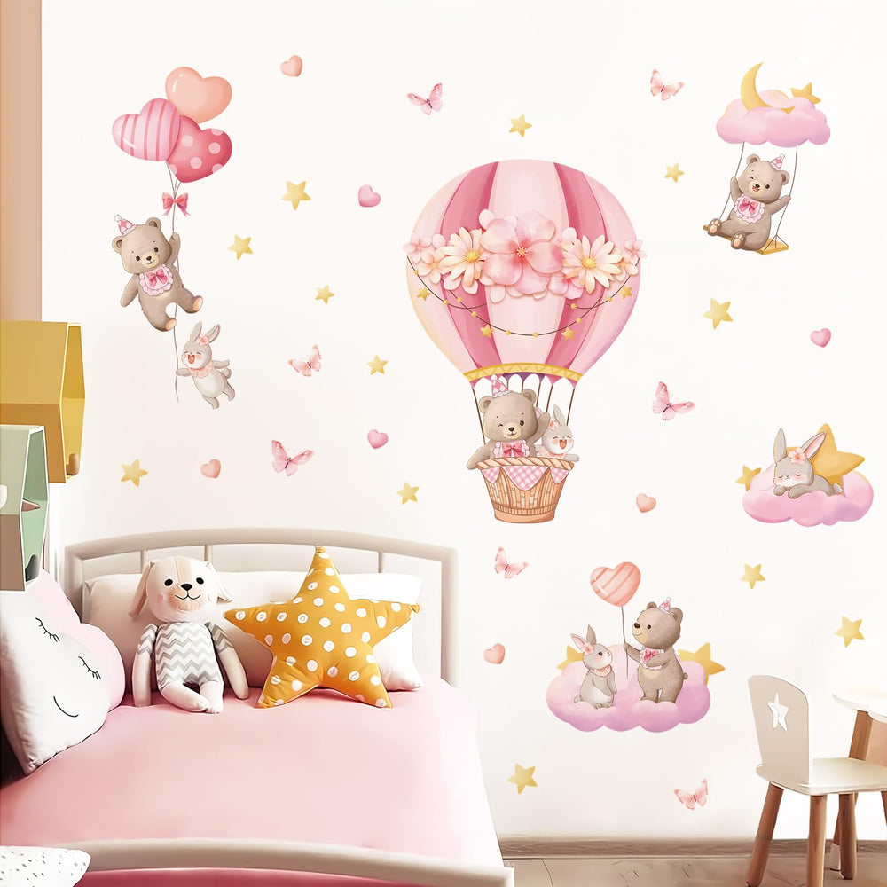 Tanlaby pink hot air balloon rabbit decal for nursery walls, removable without residue.