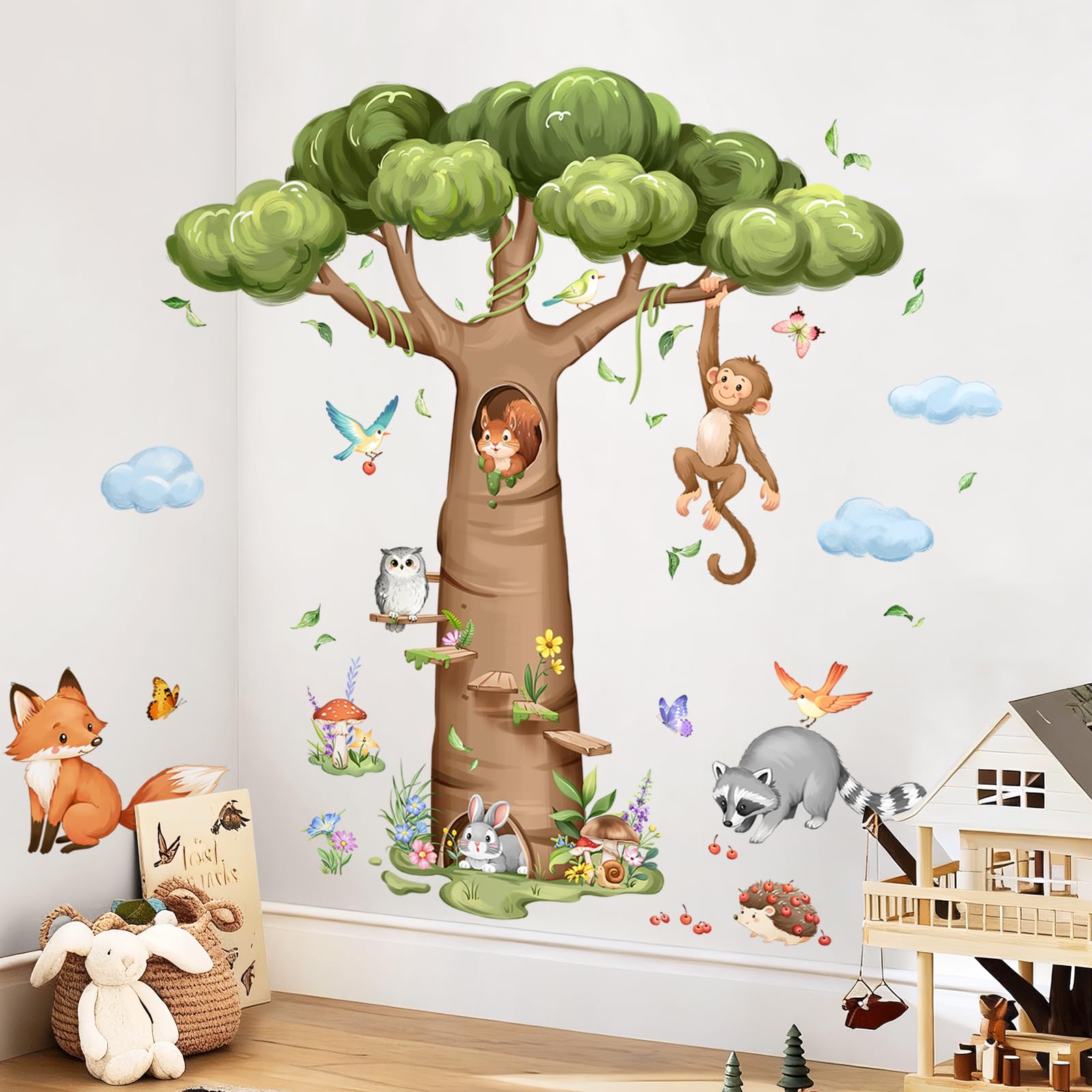 Tanlaby cloud accents on woodland tree wall decal for calming vibe