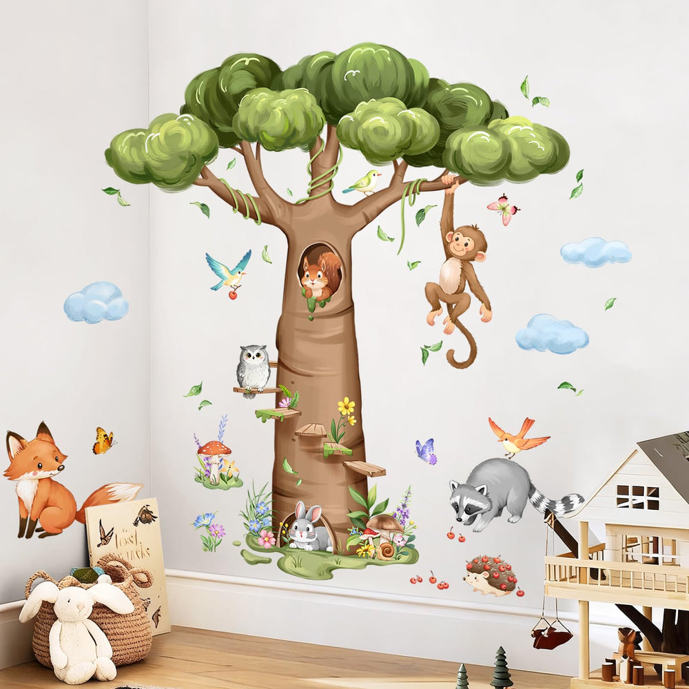 Tanlaby cloud accents on woodland tree wall decal for calming vibe