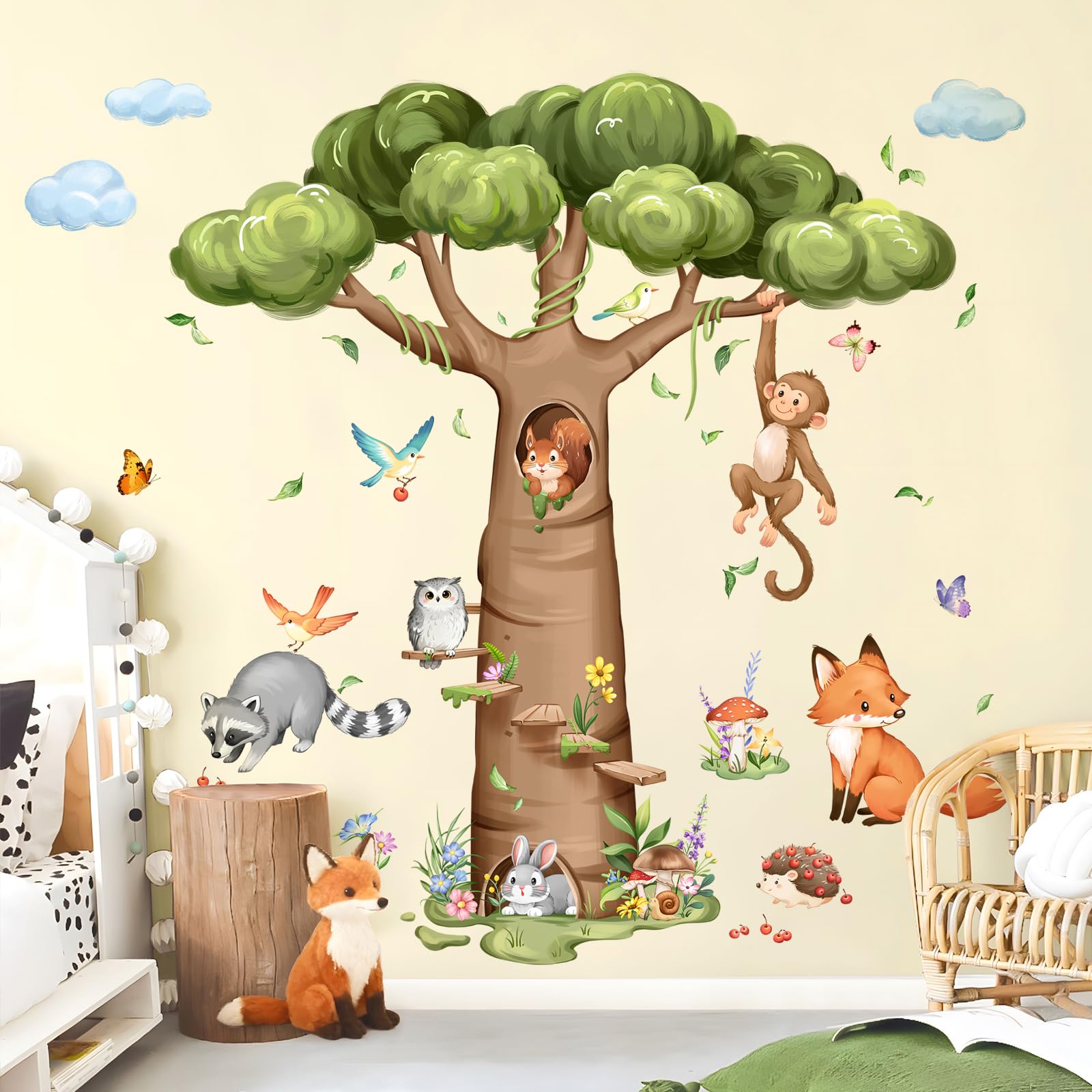 Tanlaby woodland tree wall decal with rabbit for nursery decor