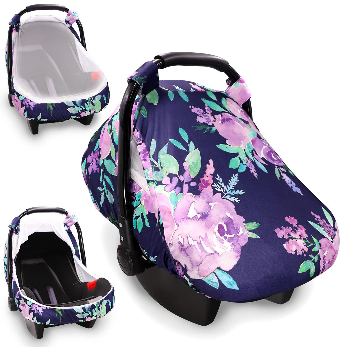 TANOFAR baby car seat cover with purple floral canopy protects from sun while soothing baby