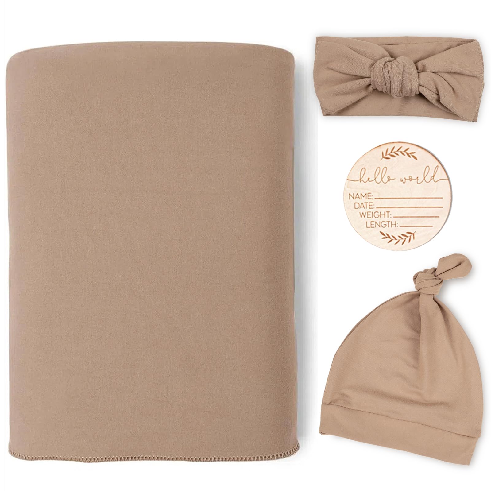 Tanofar newborn swaddle blanket in brown with matching headband for cozy naps.
