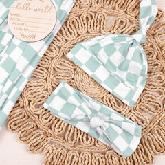 TANOFAR swaddle set with headband in green checkerboard for adorable outfits