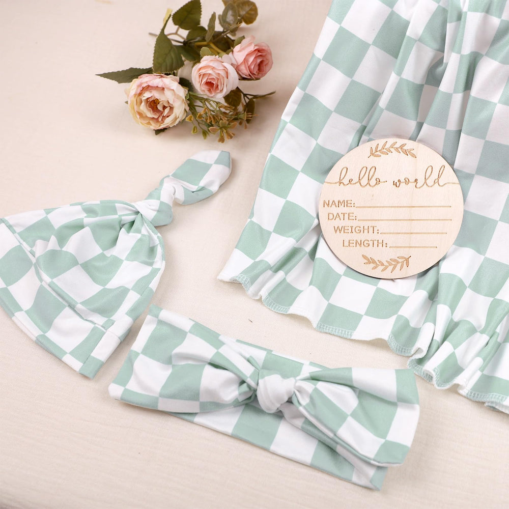 TANOFAR photo-friendly nursery prop swaddle in green checkerboard