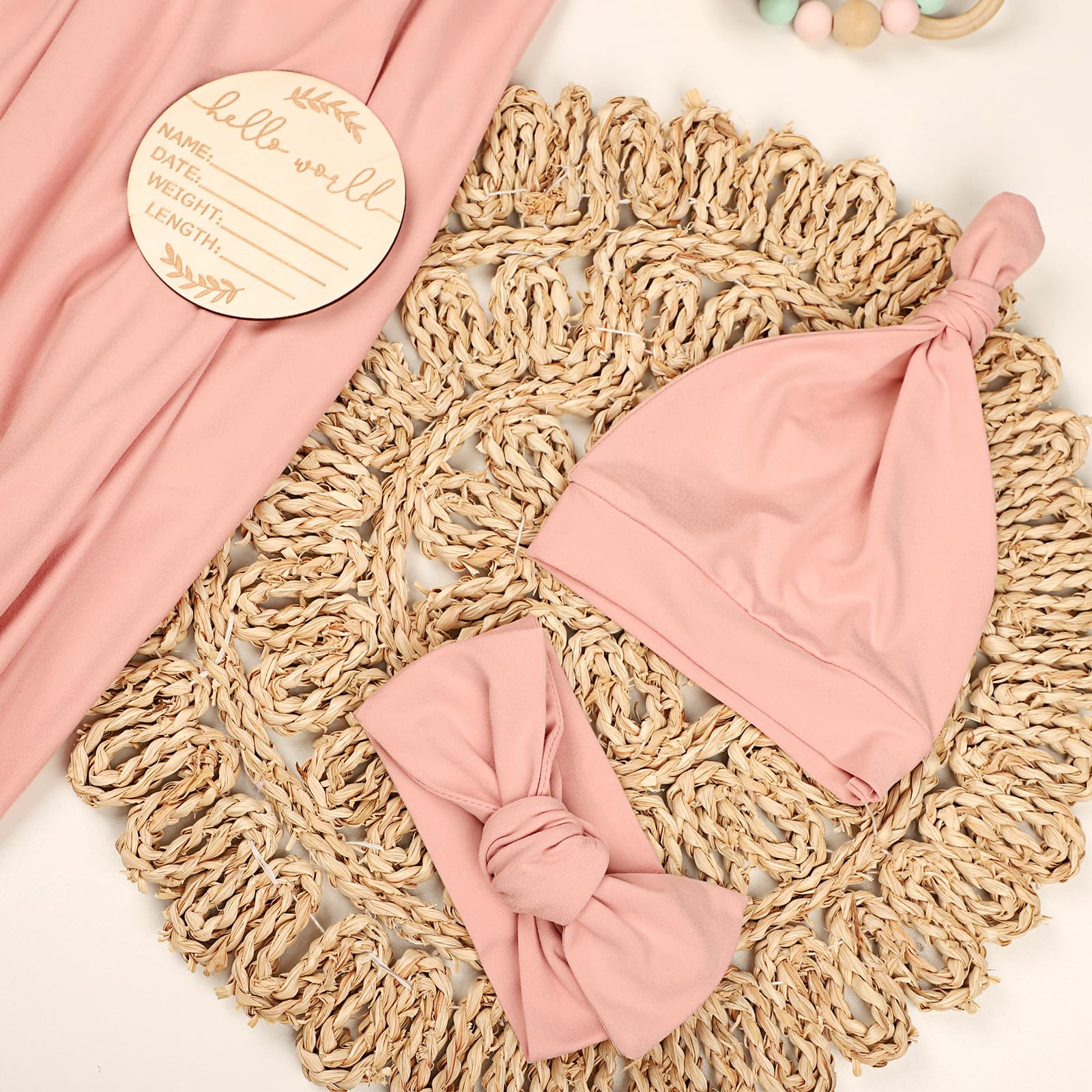Tanofar pink swaddle set with headband and beanie, ideal photo prop