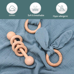 Tanofar teether ring with bunny ears provides safe grasping practice.
