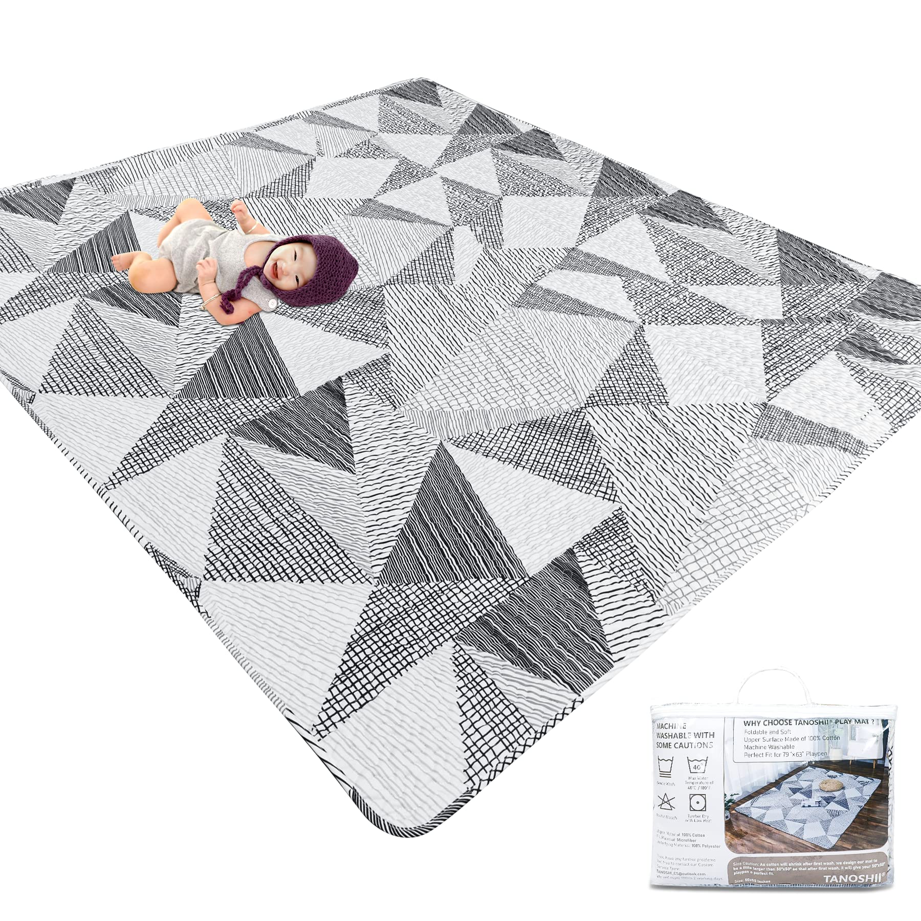 TANOSHII Baby Play Mat stripe pattern covers a large play area for safe supervised play.