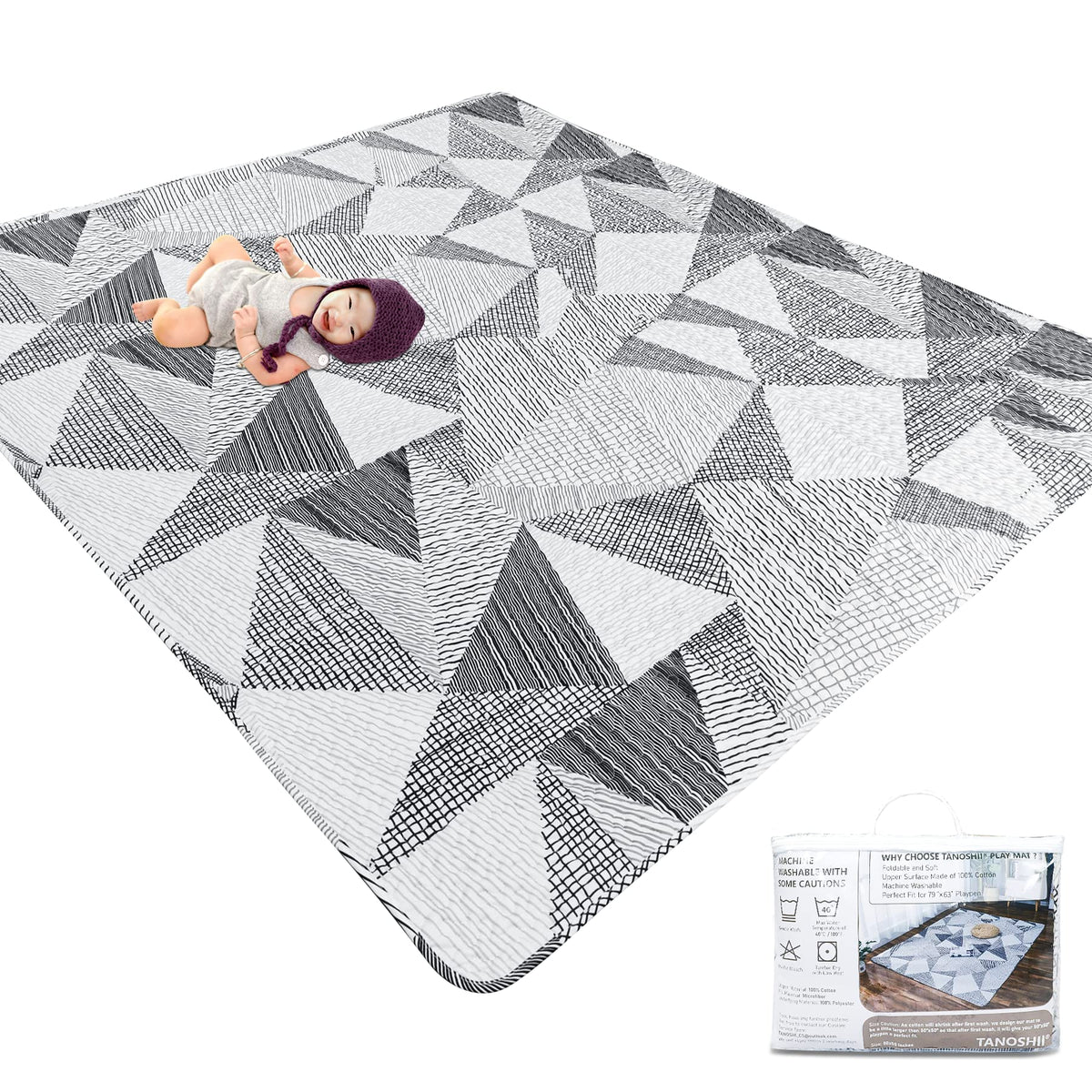 TANOSHII Baby Play Mat stripe pattern covers a large play area for safe supervised play.