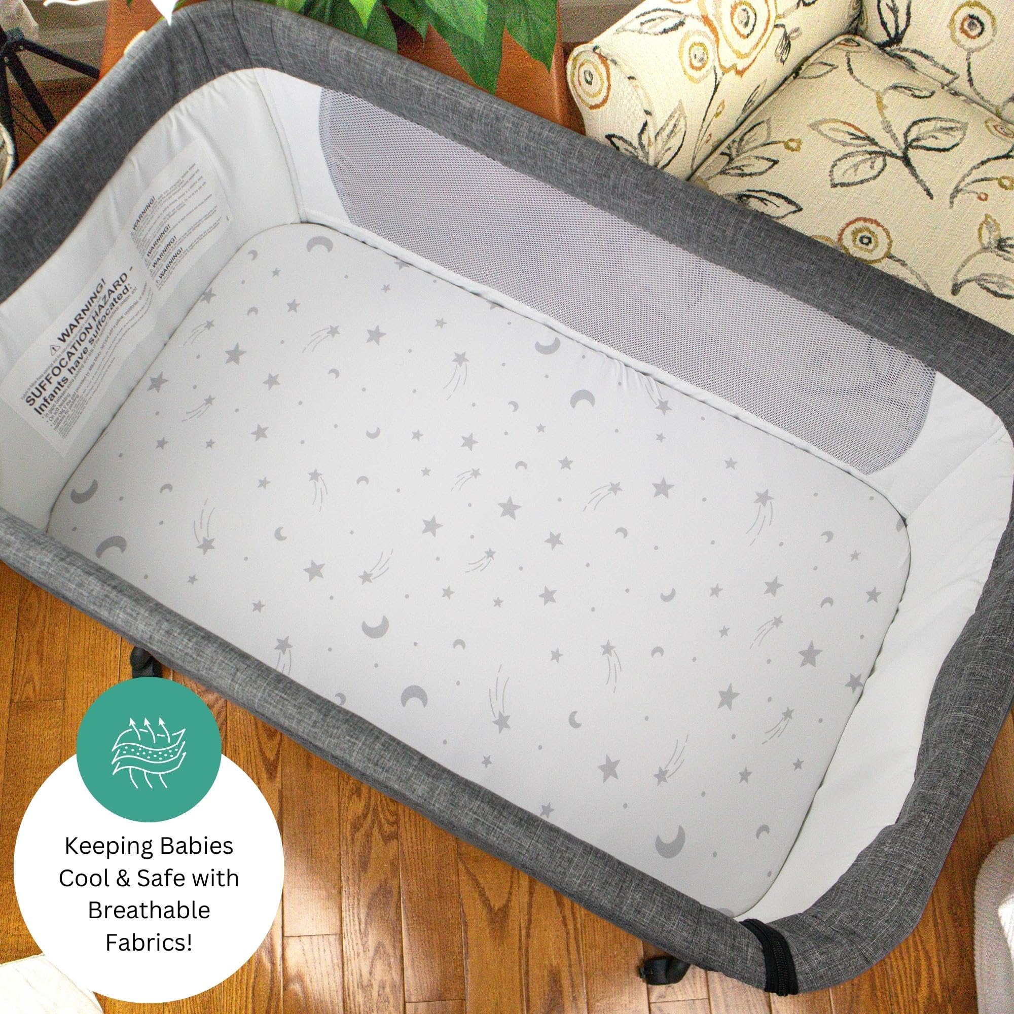 TansyPanda elastic edge ensures wrinkle-free, snug bassinet fit.