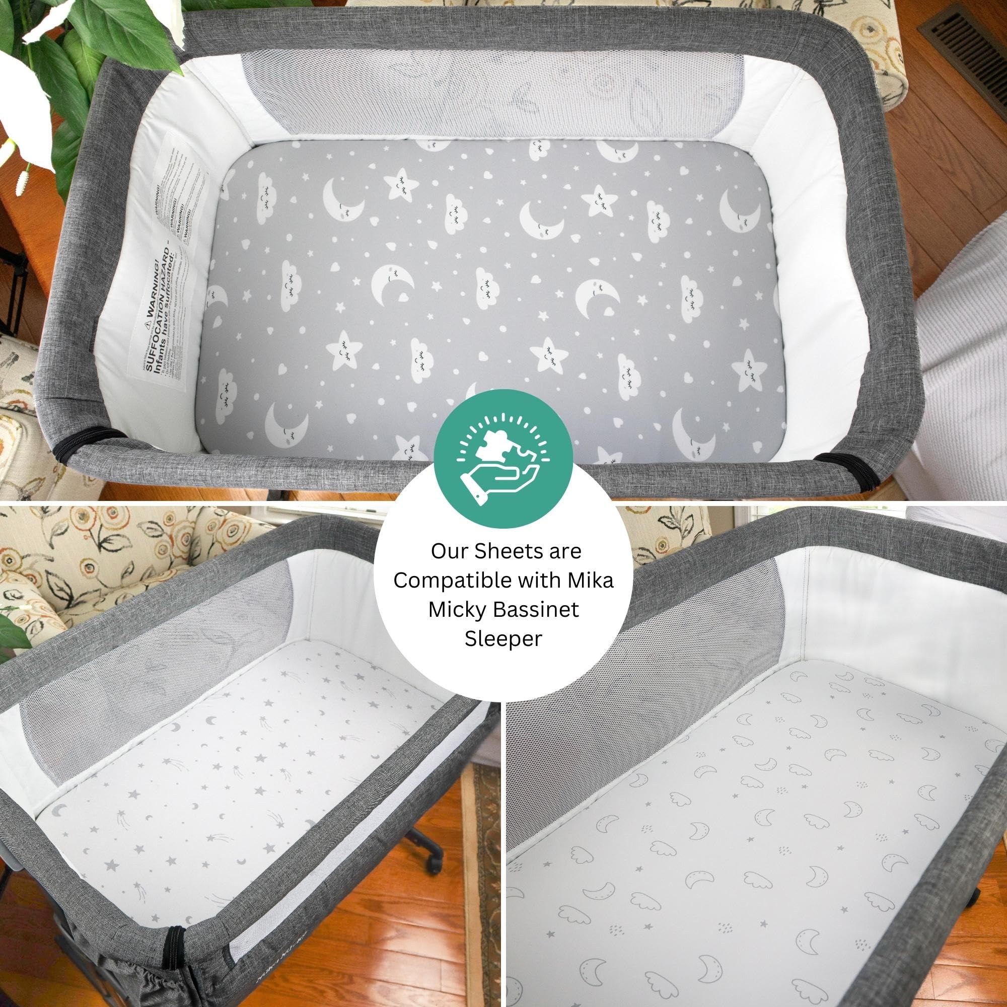 Elastic edge keeps sheets smooth and wrinkle-free on bassinet rails.