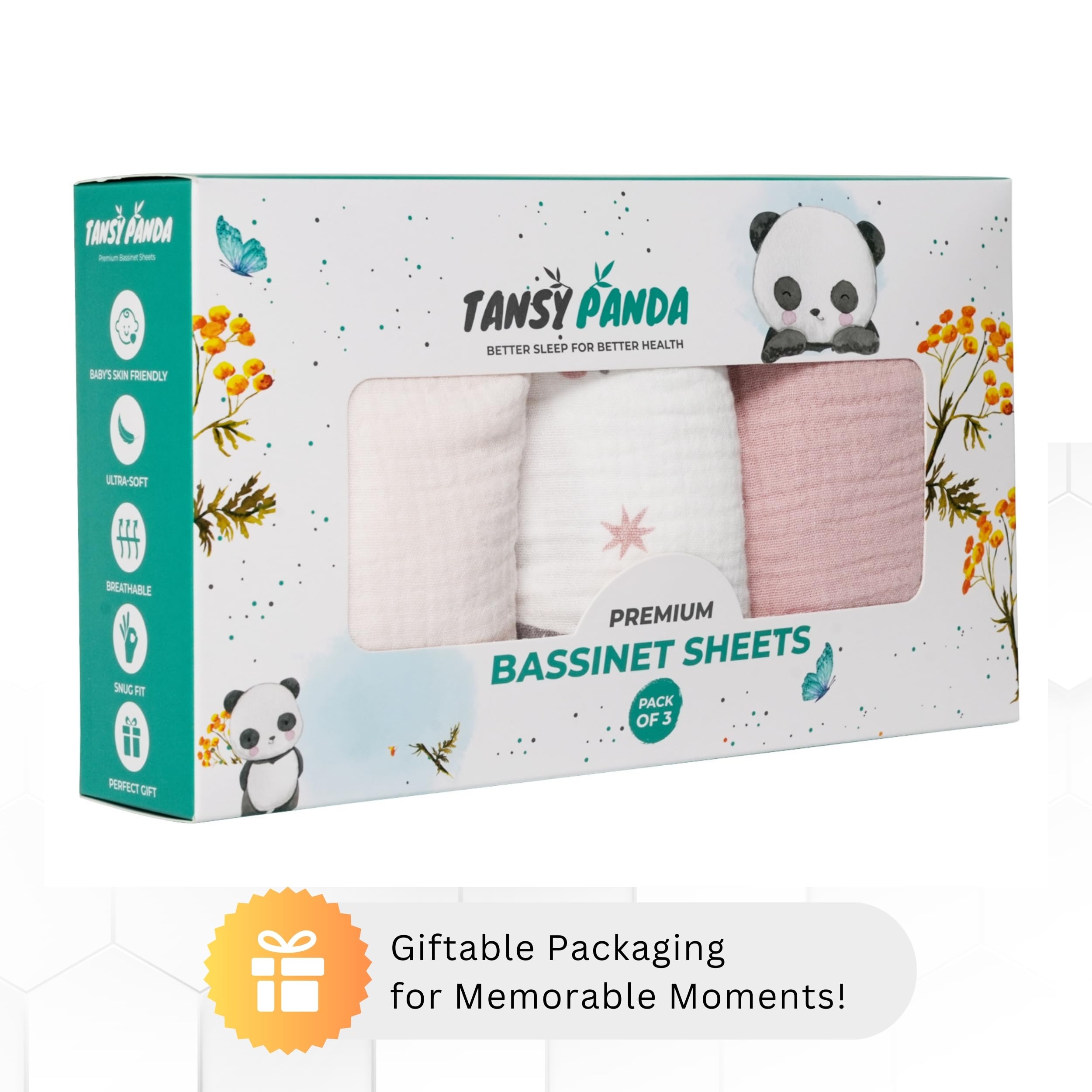 Bedside sleeper compatibility with Tansy Panda sheets complements nursery decor.