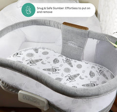Tansy Panda elastic-edge-snug-fit keeps sheets taut with no wrinkles on Halo bassinets.