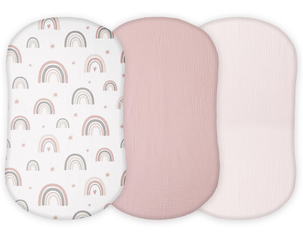 Tansy Panda muslin bassinet sheets 3-pack with secure Halo fit.