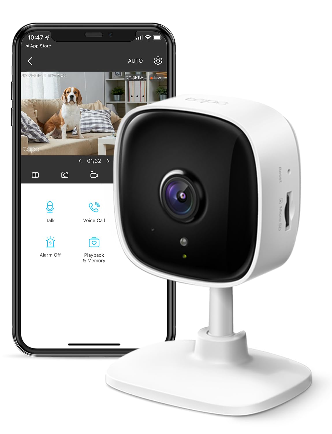 Tapo C100 1080p indoor camera provides clear living room footage for home monitoring.