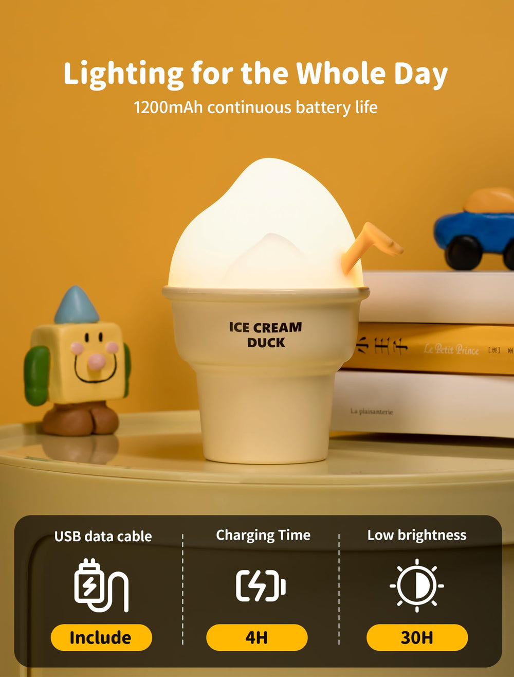 Tarinks Ice Cream Duck Night Light with soft silicone exterior and tactile surface.
