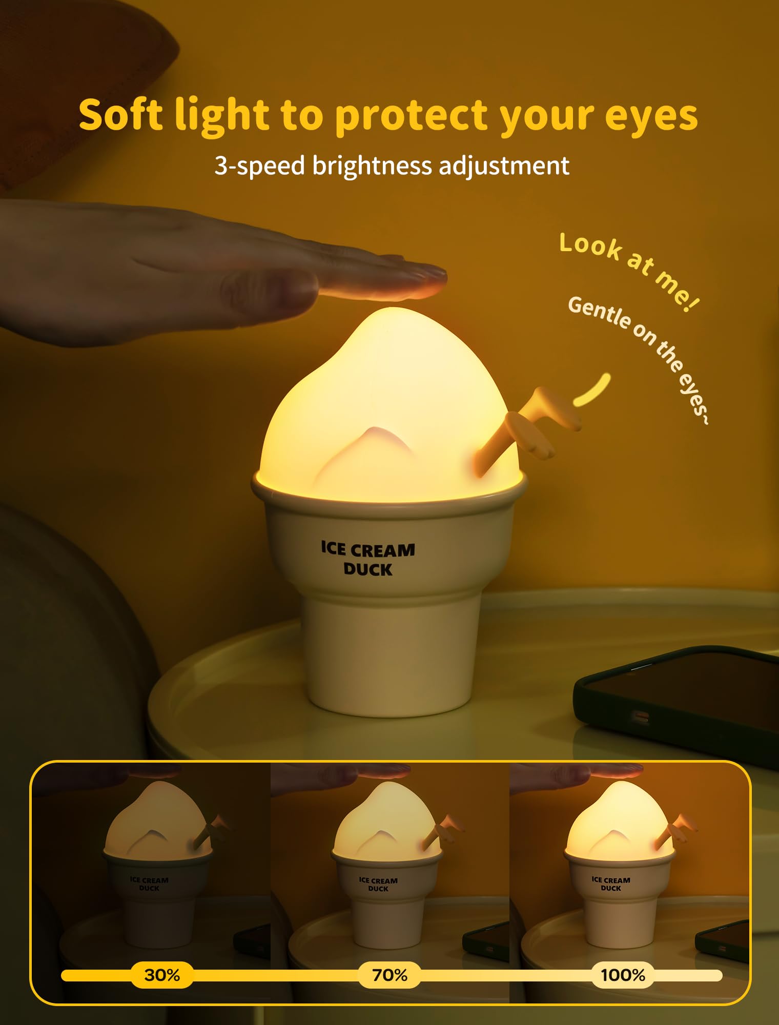 Tarinks Ice Cream Duck Night Light charging via USB-C port for easy recharge.