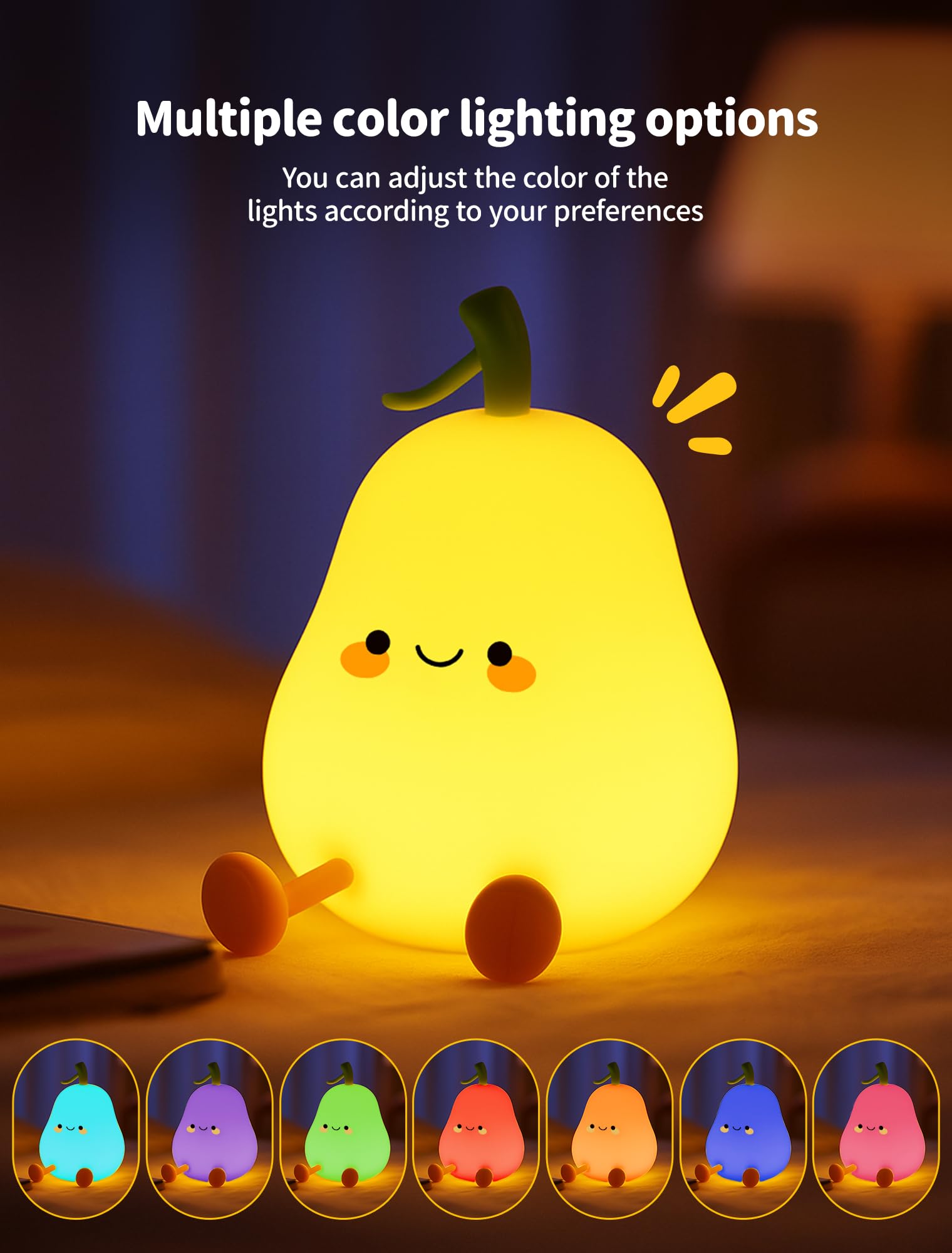 Tarinks pear night light with a green stem brightens playful decor.