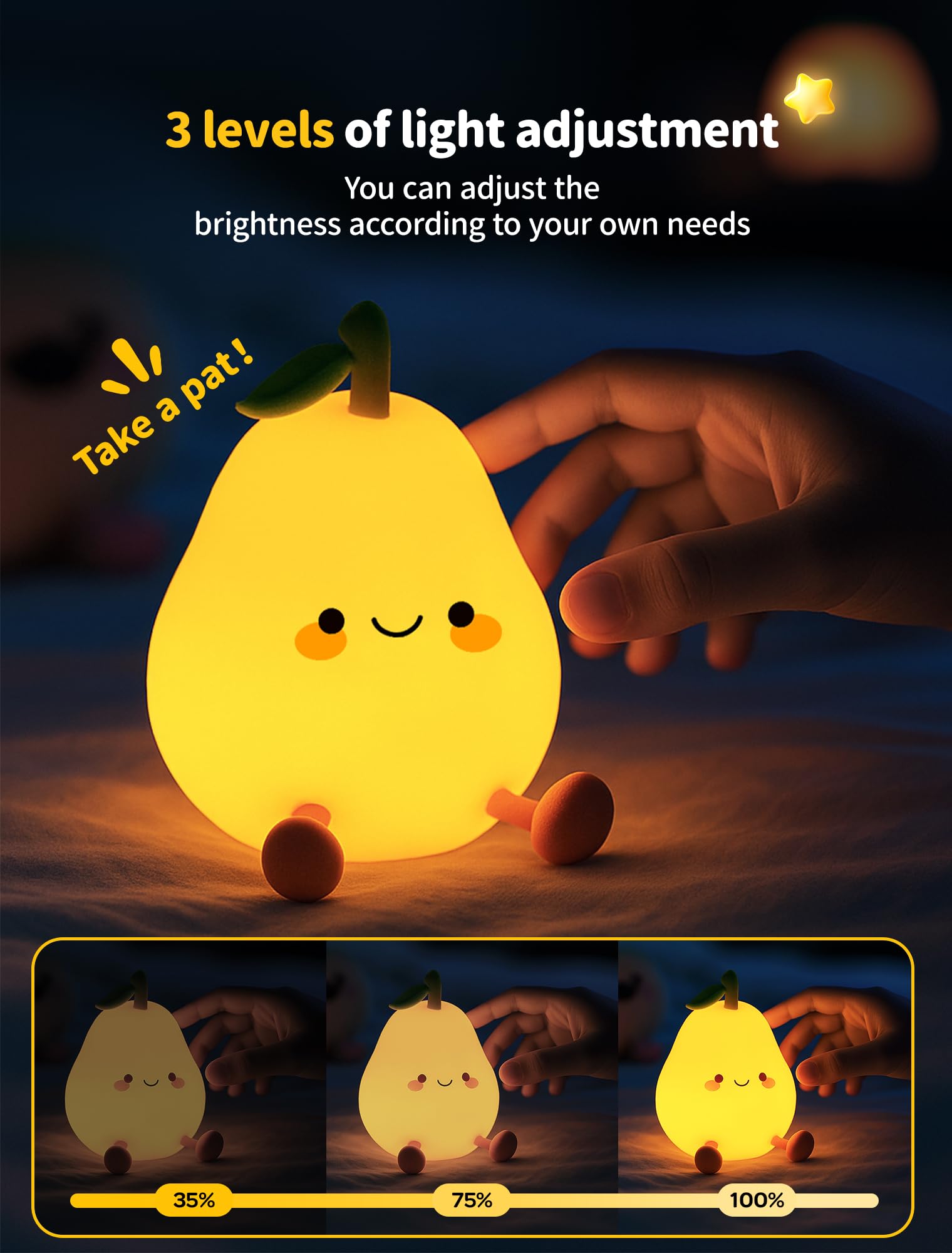 Tarinks pear night light with smiley face creates friendly nursery atmosphere.