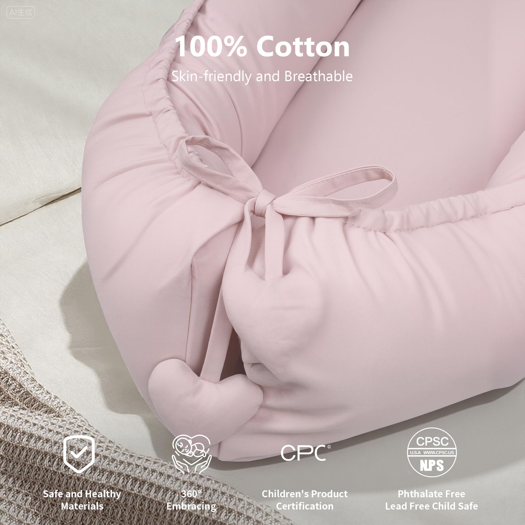 TARJODGY Baby Lounger organic cotton material demonstrates hypoallergenic softness for newborn comfort.