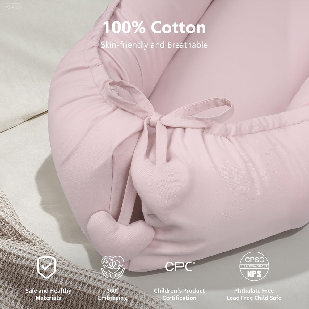 TARJODGY Baby Lounger organic cotton material demonstrates hypoallergenic softness for newborn comfort.