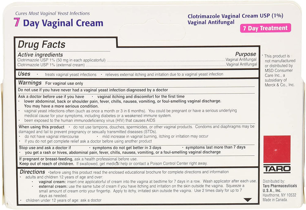 TARO Clotrimazole 2% 7-day vaginal cream tube shown for discreet home use.