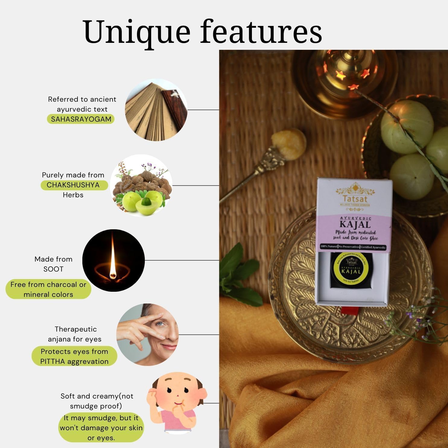 TATSAT Kajal castor oil base provides natural moisture and eye comfort.