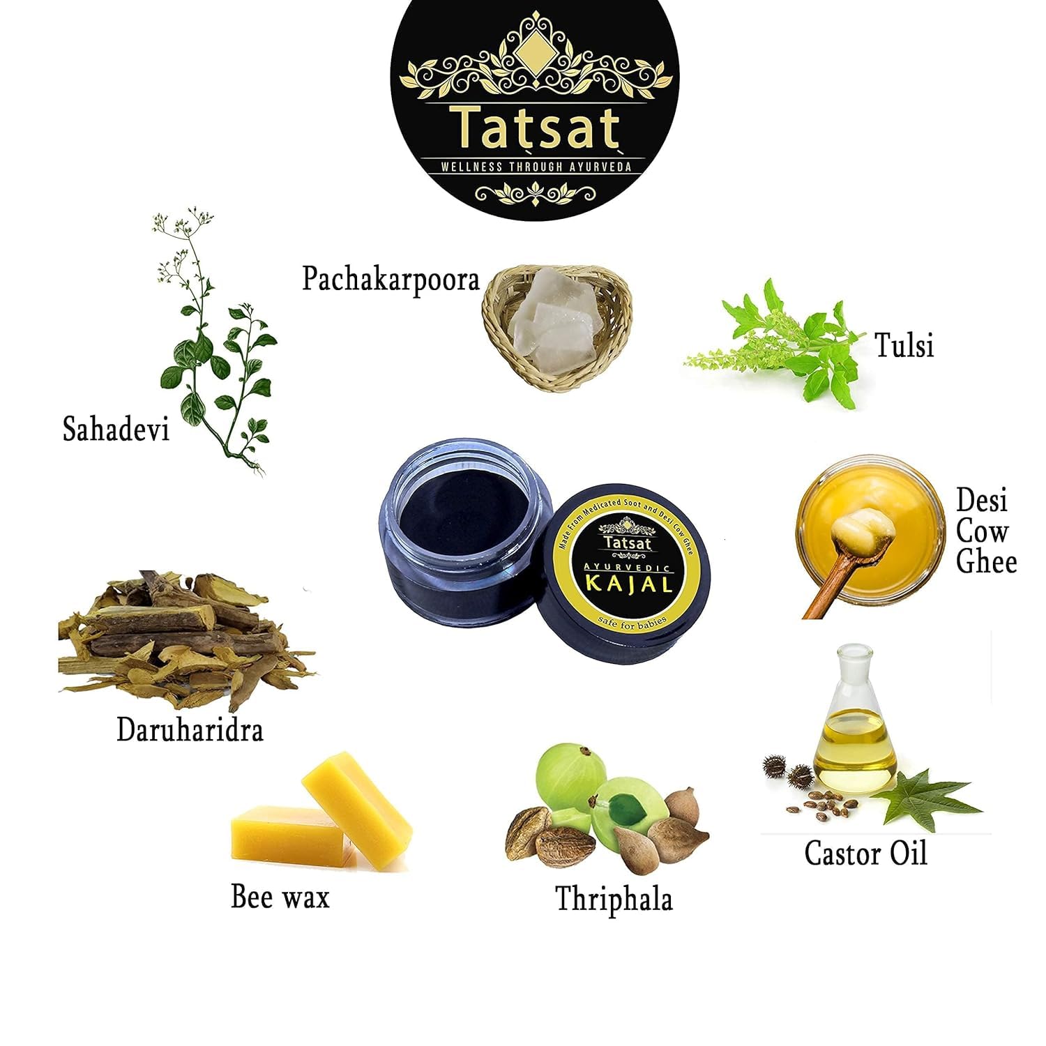 TATSAT Kajal made in Kerala reflects traditional Ayurvedic craftsmanship.