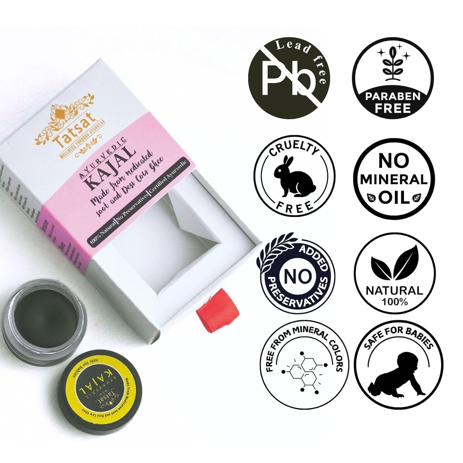 TATSAT Kajal medicated soot offers deep black color with Ayurvedic herb support.
