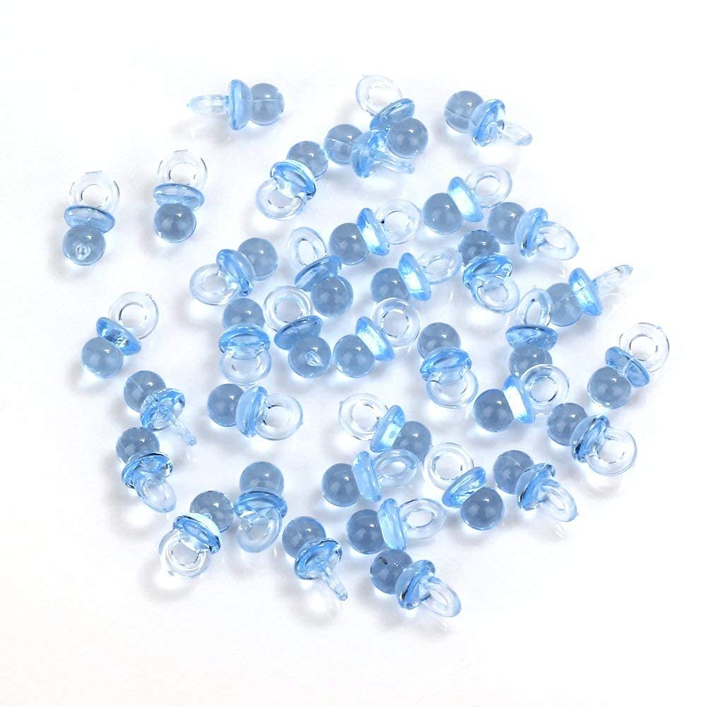 Tayarana blue tiny acrylic pacifiers enhance table decor and DIY charm at baby showers.