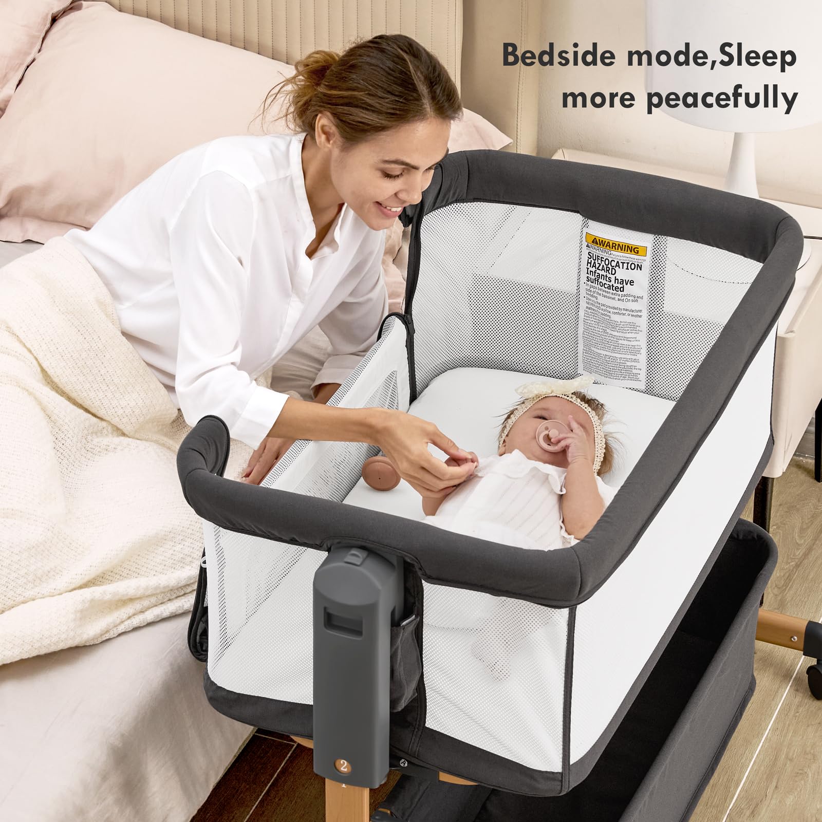 Taylengrow Baby bassinet height adjustments with six levels for bed alignment
