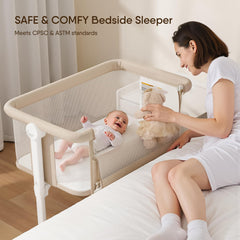 Five-height adjustable bedside sleeper with incline for comfortable feeding.