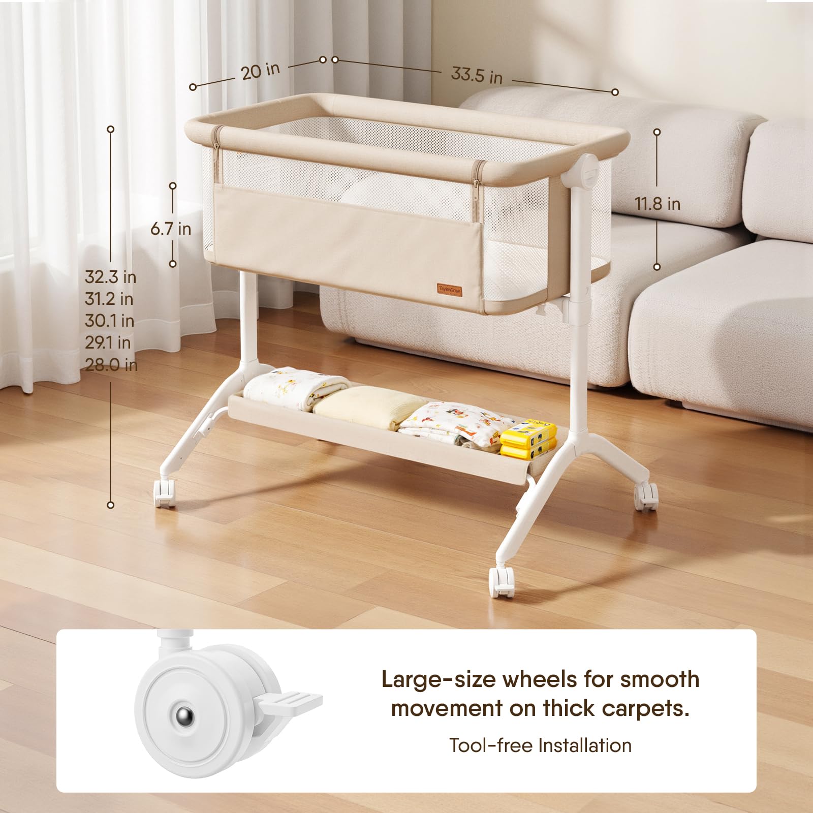 Portable bedside bassinet design allows easy room-to-room use.