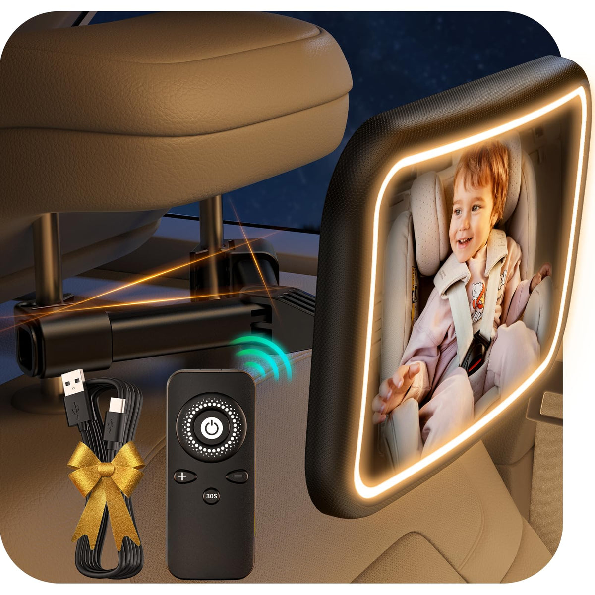 TAZENI baby car mirror provides a clear back-seat view with gentle lighting for night driving