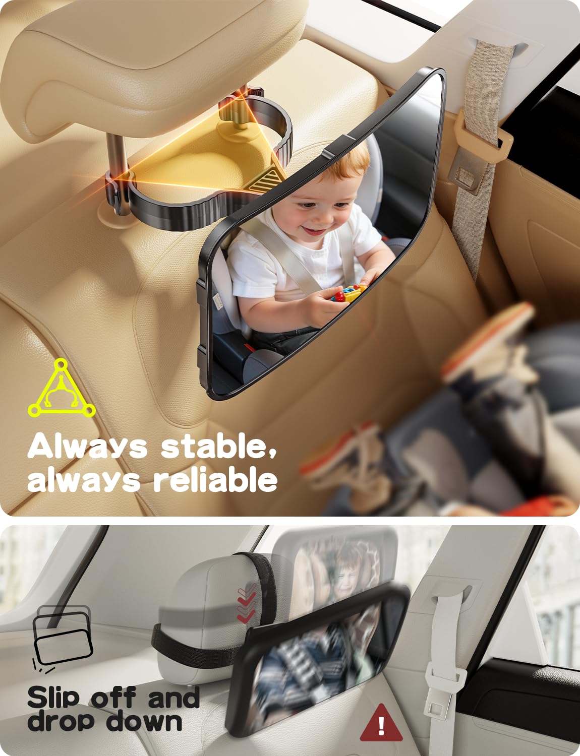 TAZENI mirror tilts and rotates to find the perfect angle for your child.