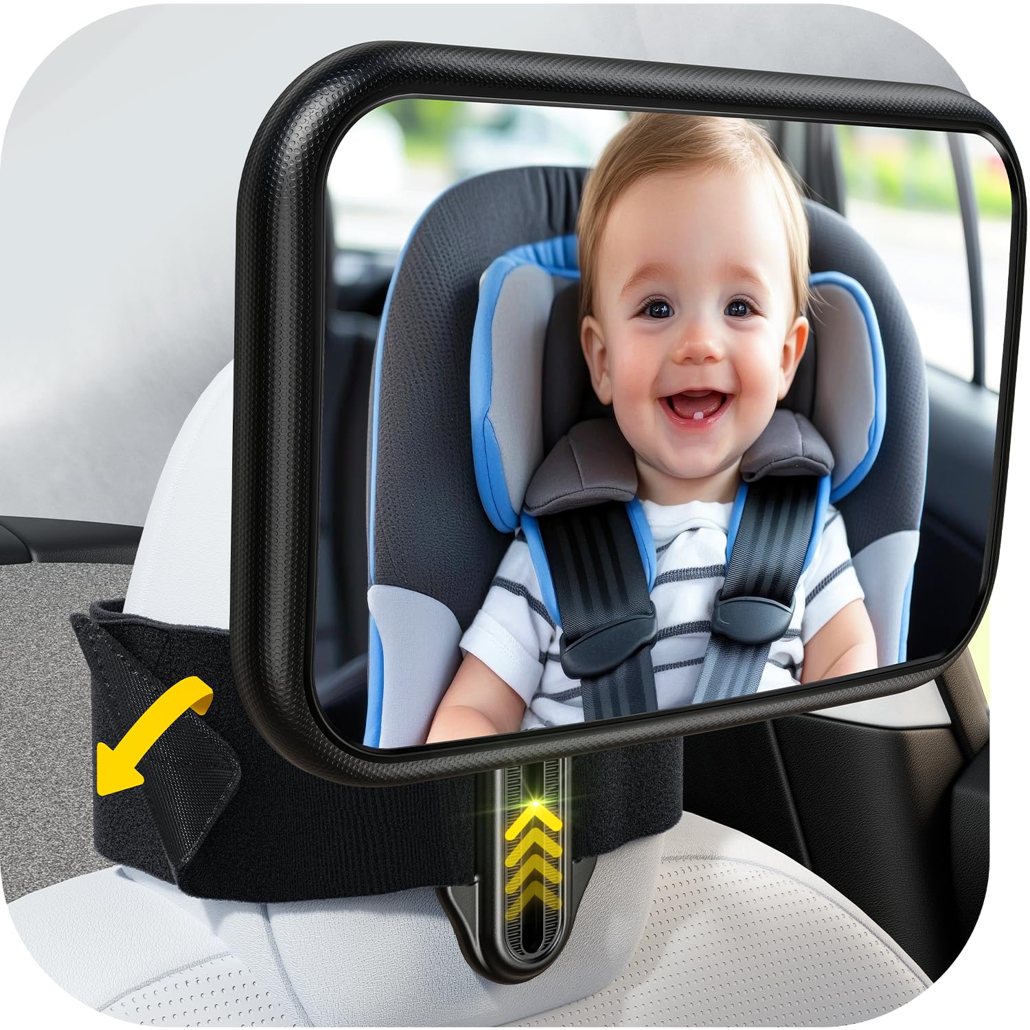 TAZENI fixed headrest mirror on Tesla-compatible seat showing secure rear view of baby