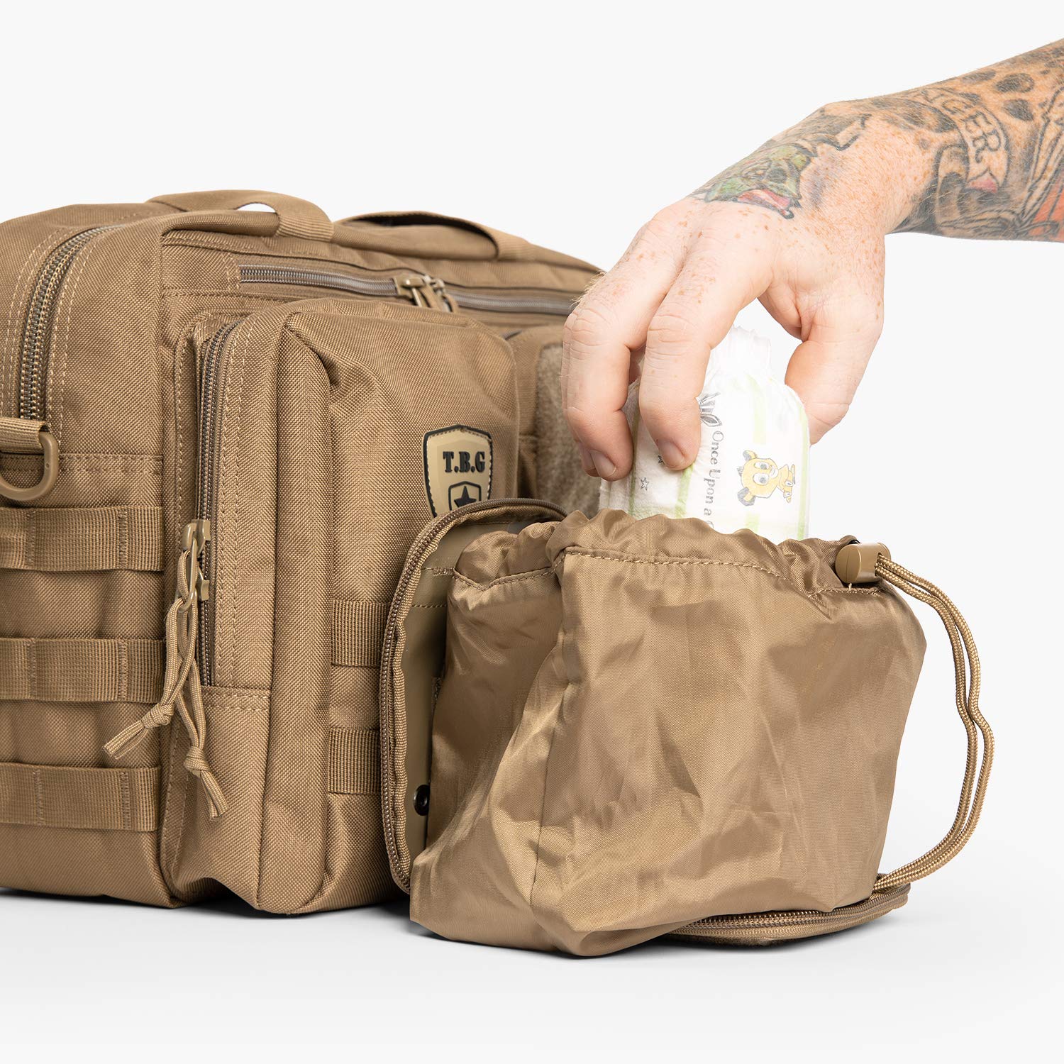 Open full-size sack expands for dirty diaper storage in tight spaces.