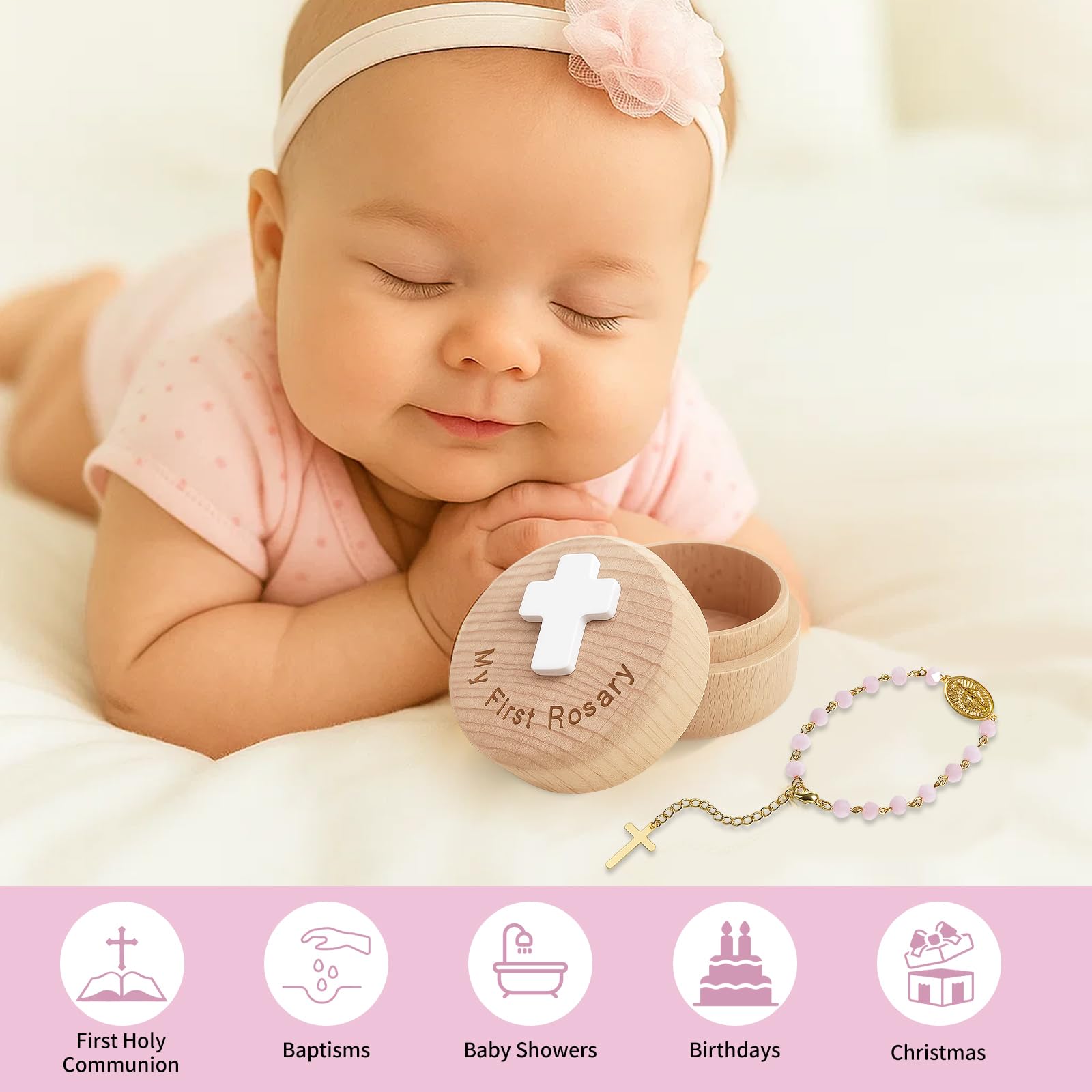 TBTFW Pearl rosary set in pink for baptism or communion gifts
