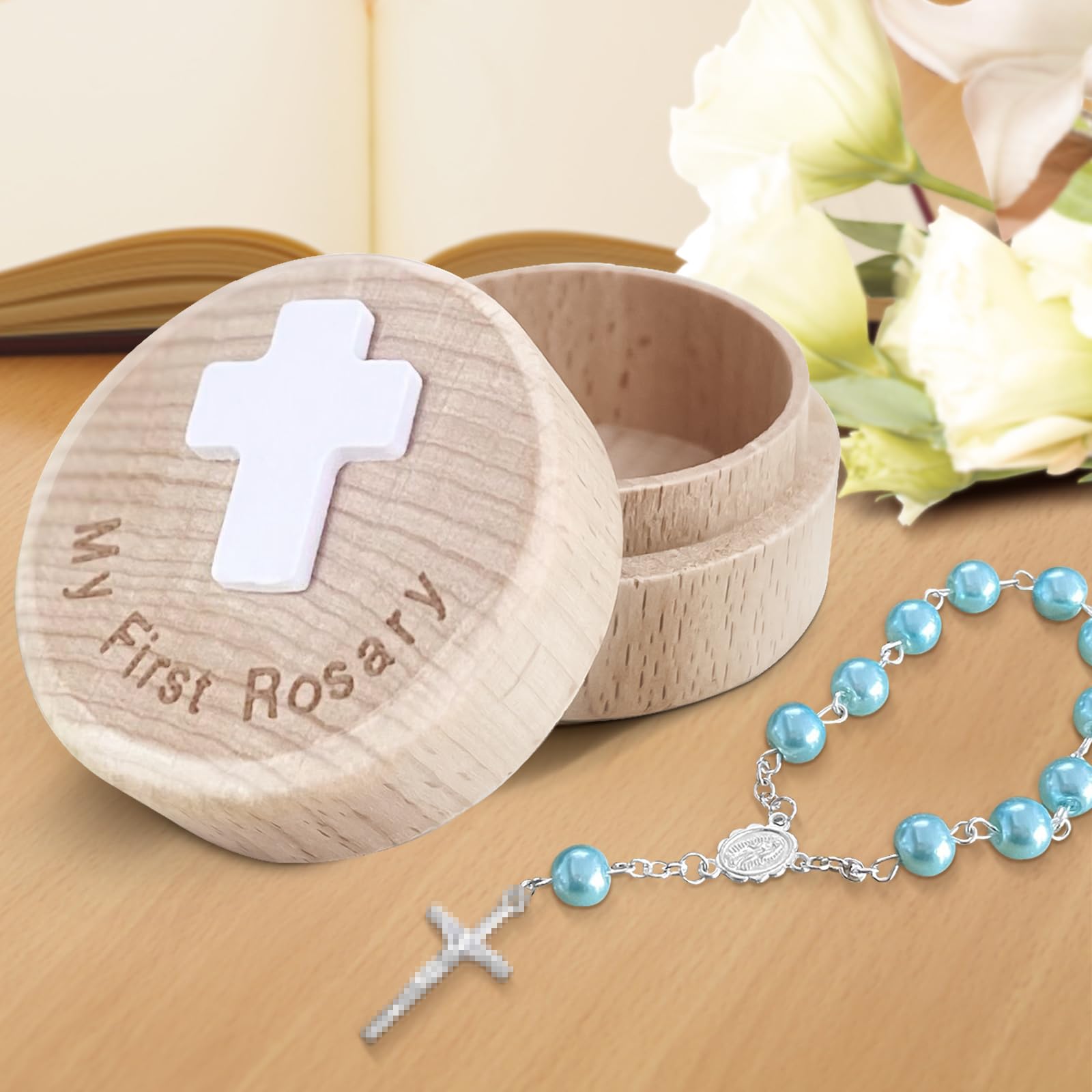 TBTFW Baby rosary set ships in a delicate keepsake box for gifting.
