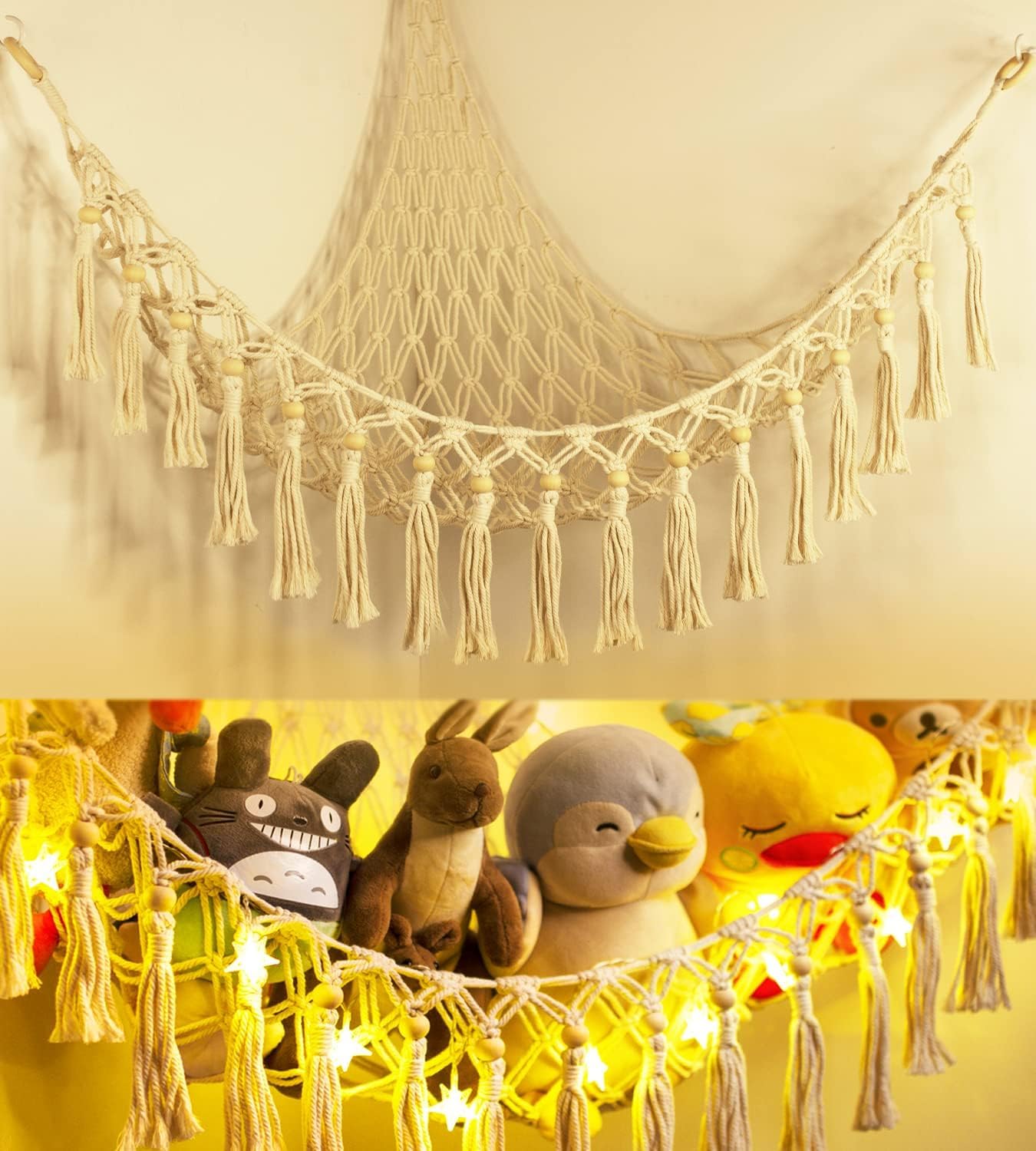TCGPRO stuffed animal hammock made of cotton macrame for durable plush storage.