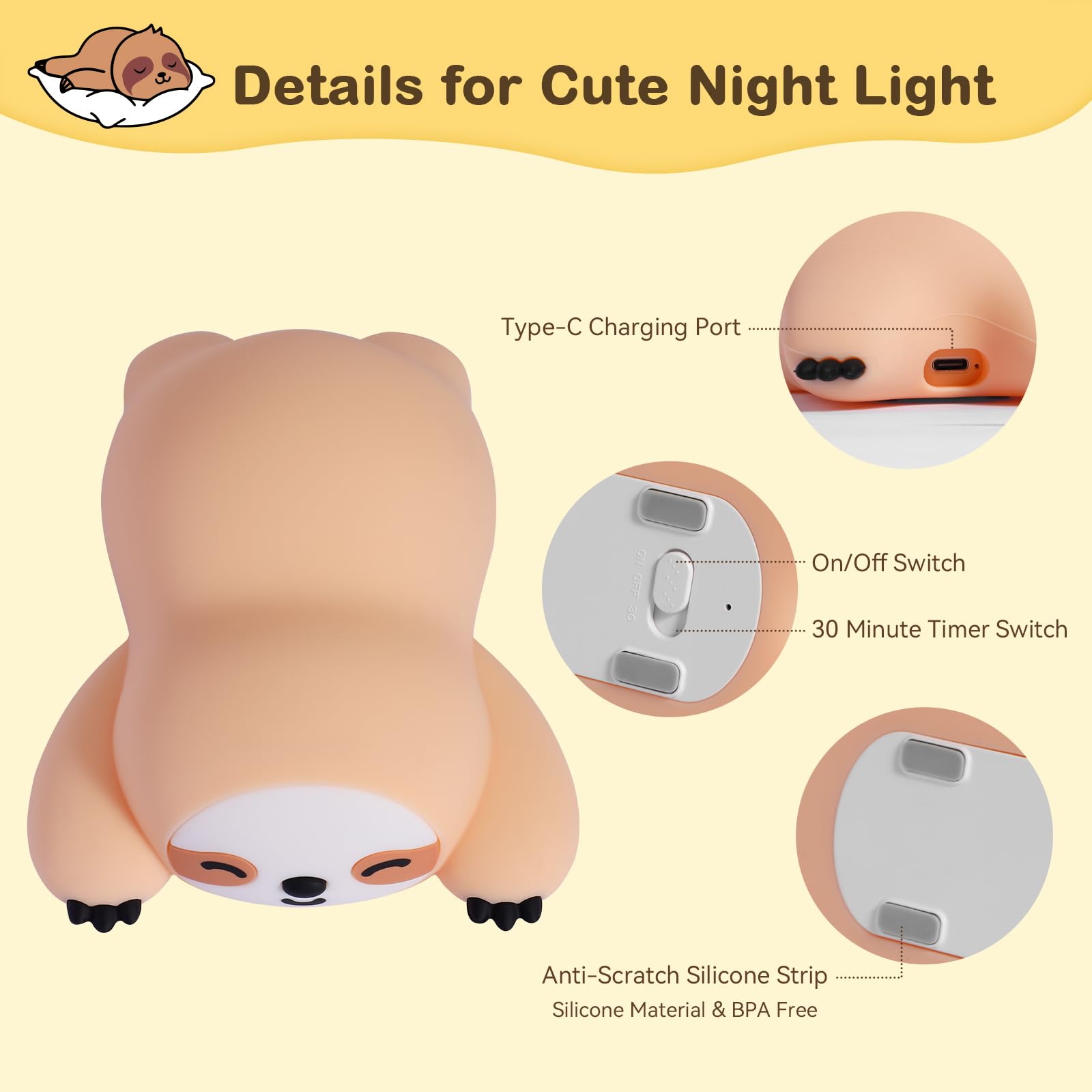 TCMOT rechargeable sloth night light with Type-C for portable use