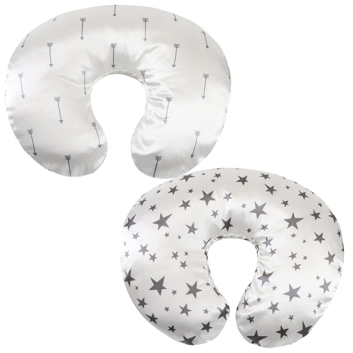 Tcmyyund satin nursing pillow cover front view with gray arrows and stars for ultra-soft comfort