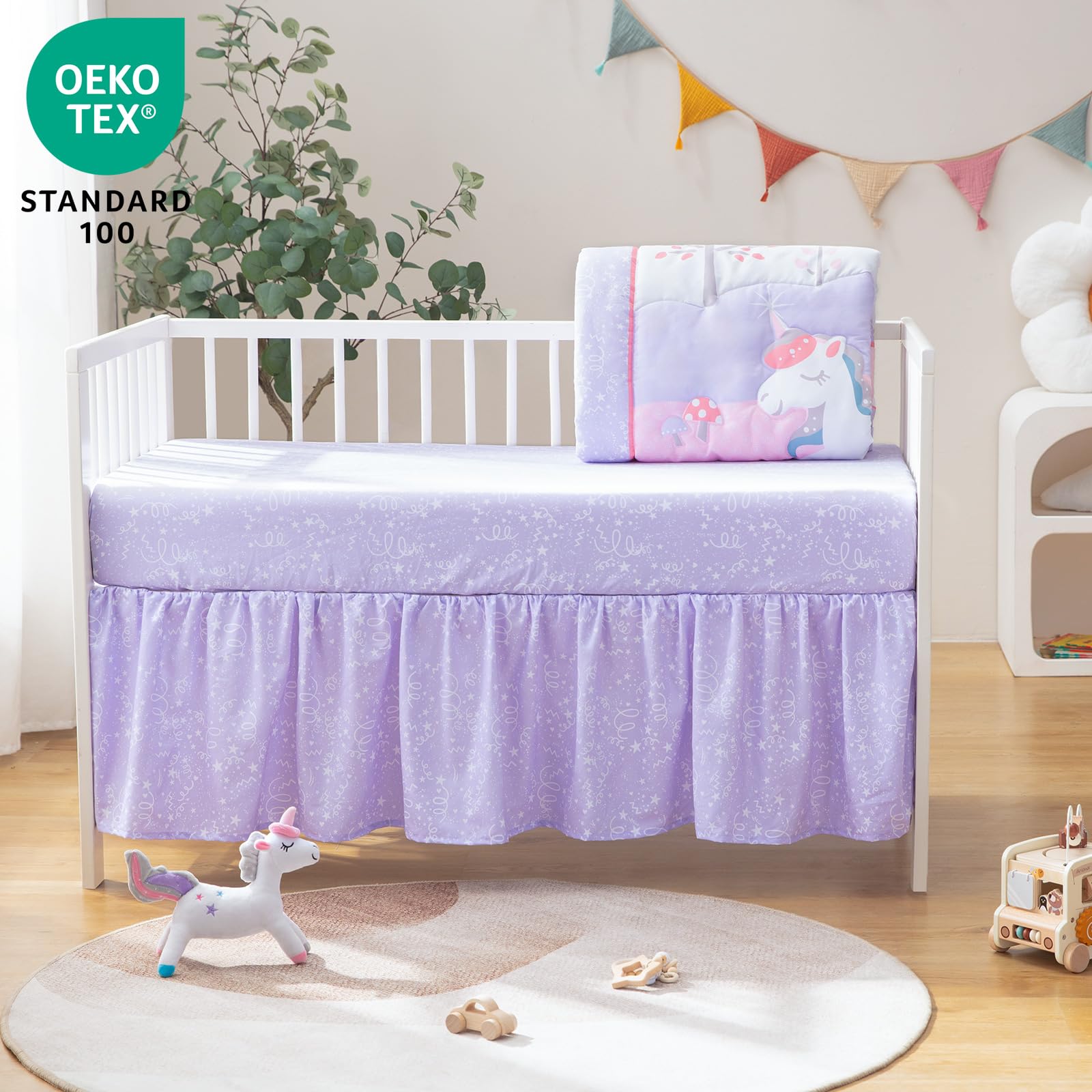 TCOYIWL 4-sided crib skirt with colorful prints adds finishing touch