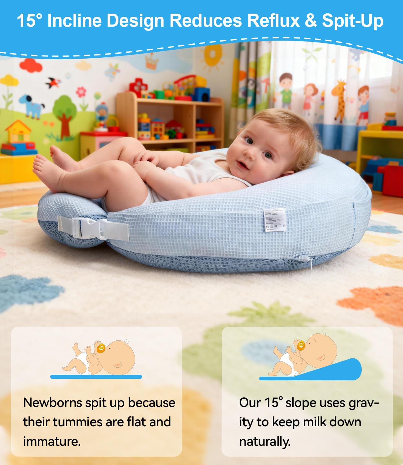 Tcruybed nursing pillow folds into a comfy lounger for supervised play.