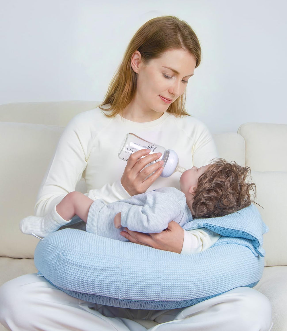 Tcruybed 5-in-1 nursing pillow front view with ergonomic support for baby and mom.