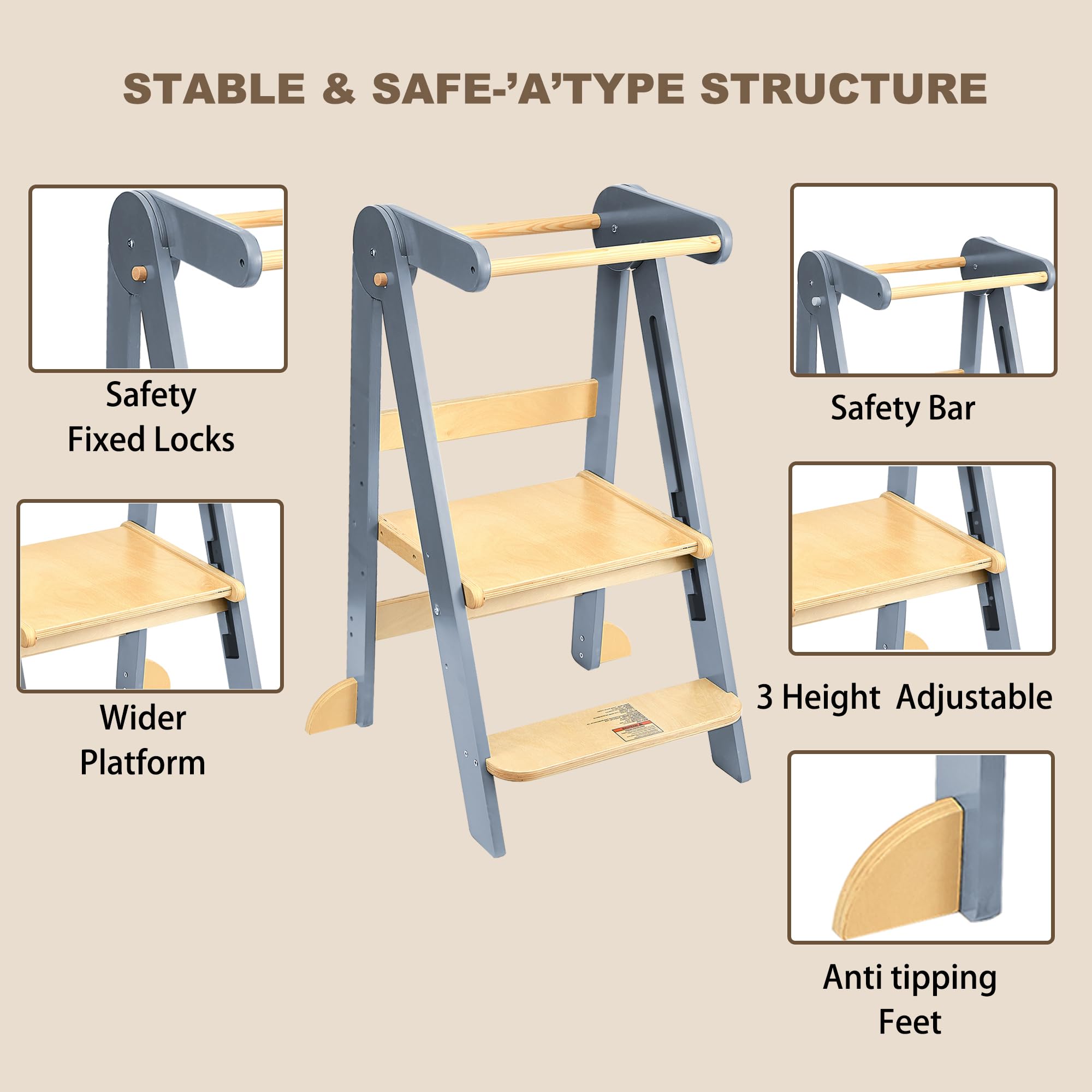 TDKDHoming Foldable Toddler Tower birch wood with safety crossbar.