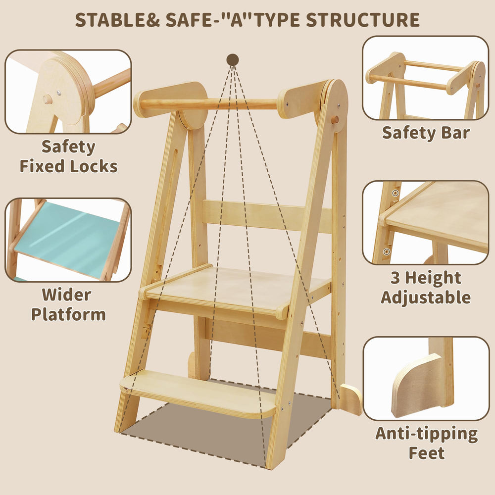 TDKDHoming foldable toddler tower crafted from natural birch wood.
