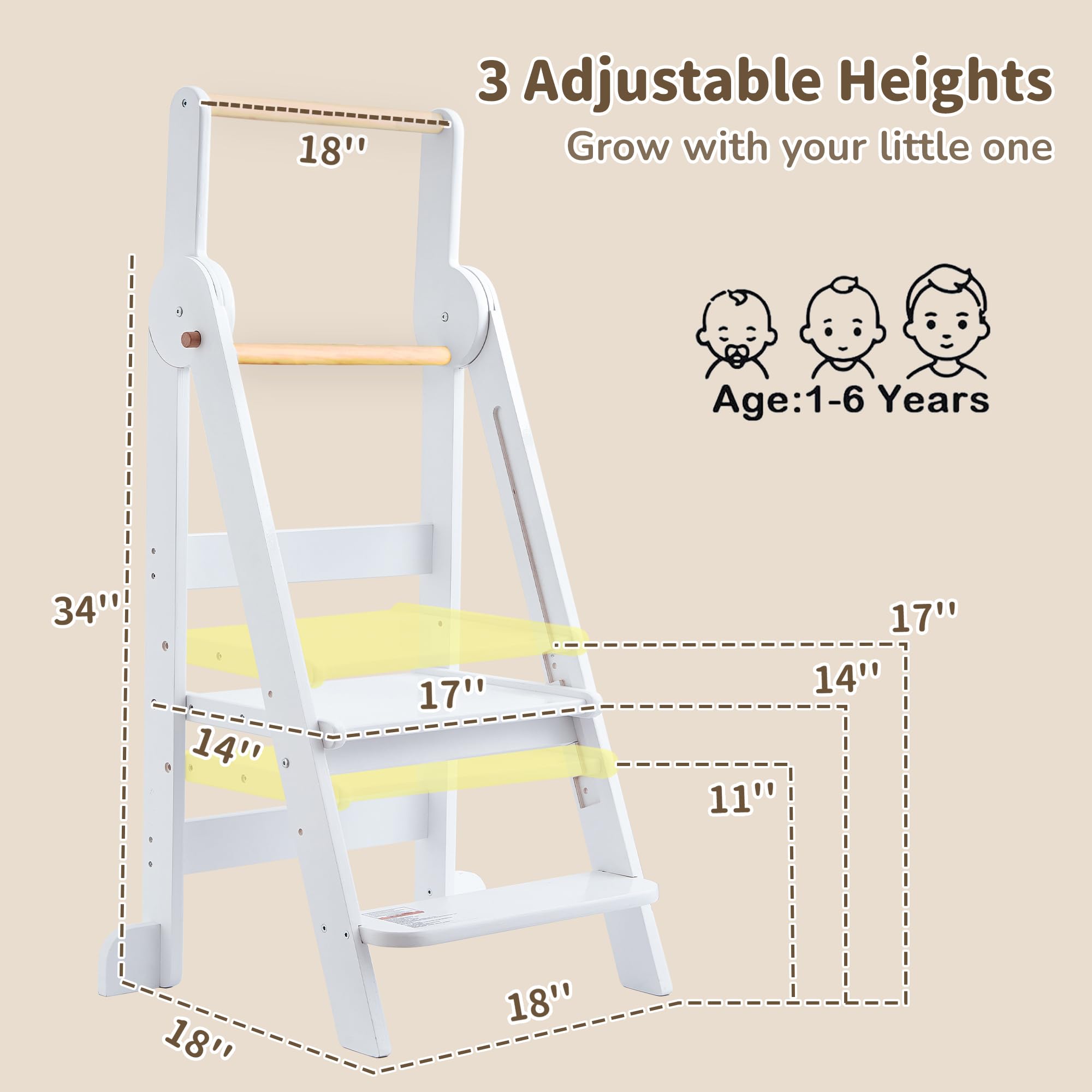 TDKDHoming toddler-tower showing its three height options for growing kids