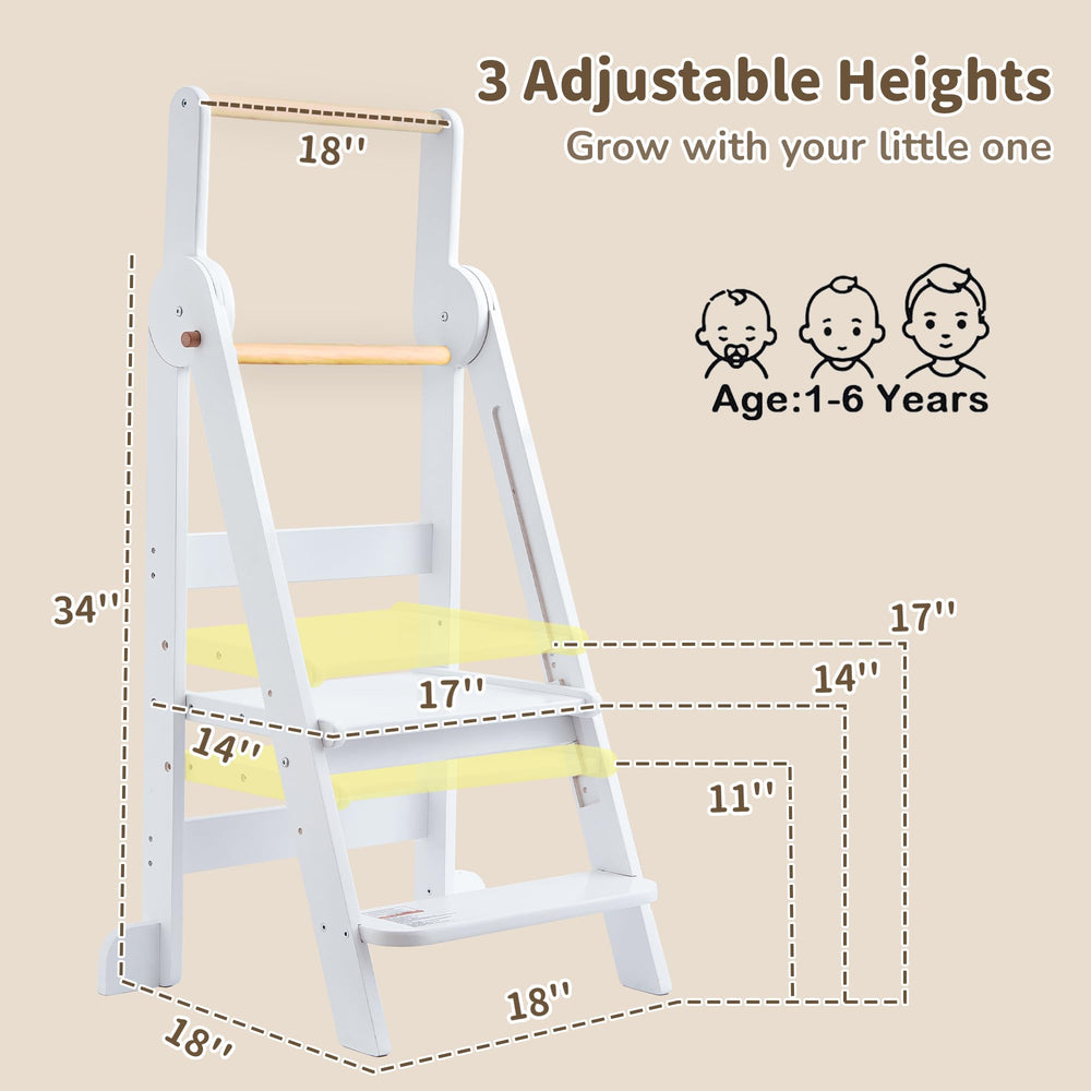 TDKDHoming toddler-tower showing its three height options for growing kids
